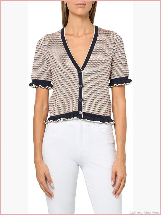 Sweaters - Button Front Short Sleeve Ruffle Cardigan Sweater